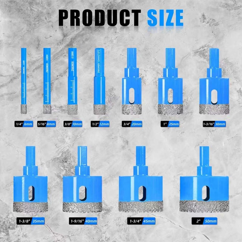 ZNXIMER Diamond Hole Saw Tile Drill Bits Kit, 11 PCS Serrated Brazing Tile Core Drill Bits Sets with EVA Hole Saws Guide Jig Hollow Drill Hole Saw for Ceramic, Glass,Tile, Marble,Granite, Gypsum,Wood - Image 2